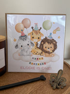 Personalised luxury first birthday card, party animals design