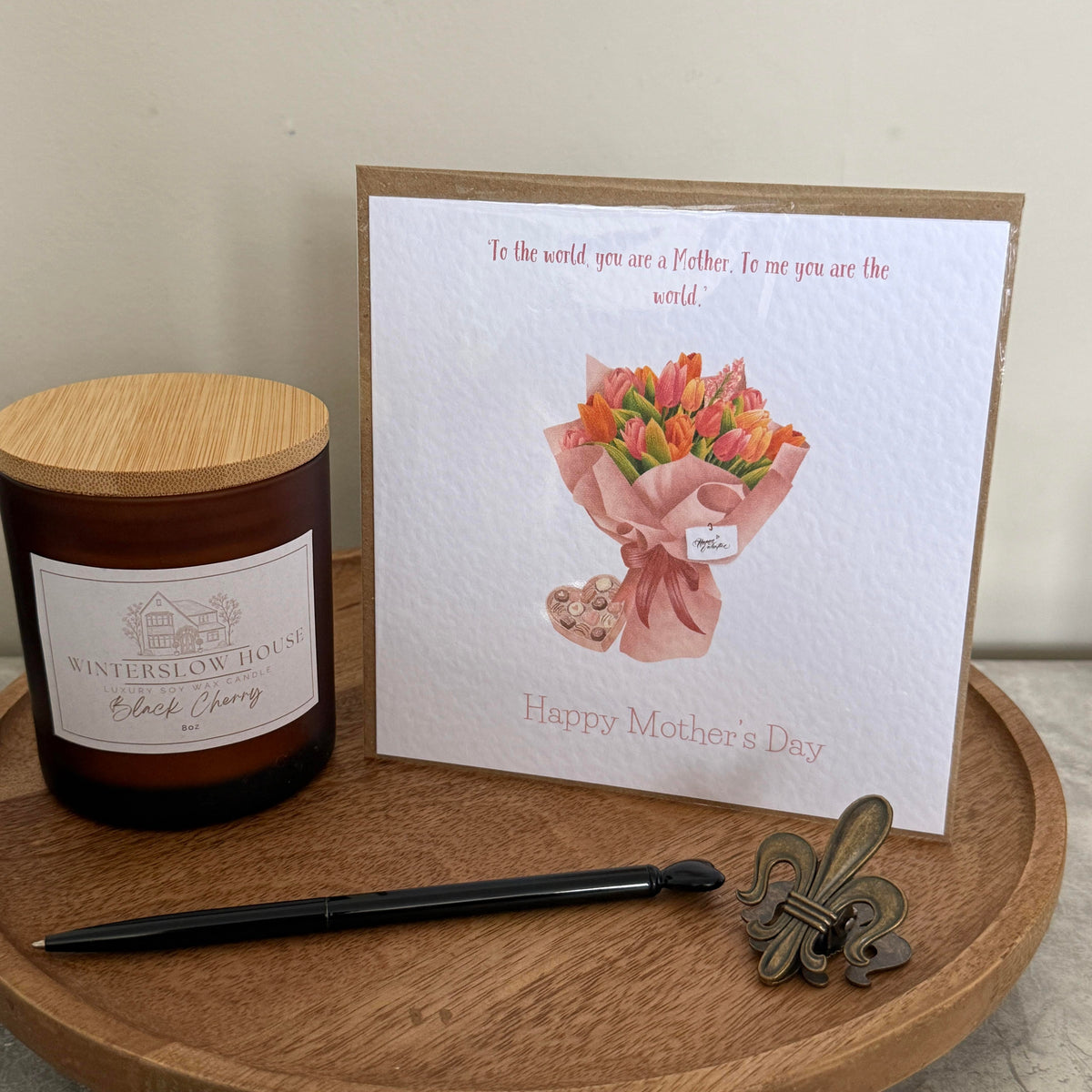 Luxury Mothers day card, pink bouquet and chocolate box design