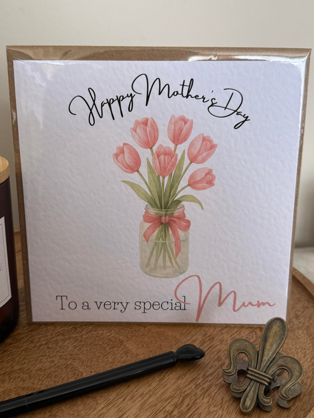 Luxury mothers day card featuring pink tulips design