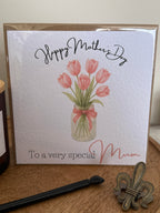 Luxury mothers day card featuring pink tulips design