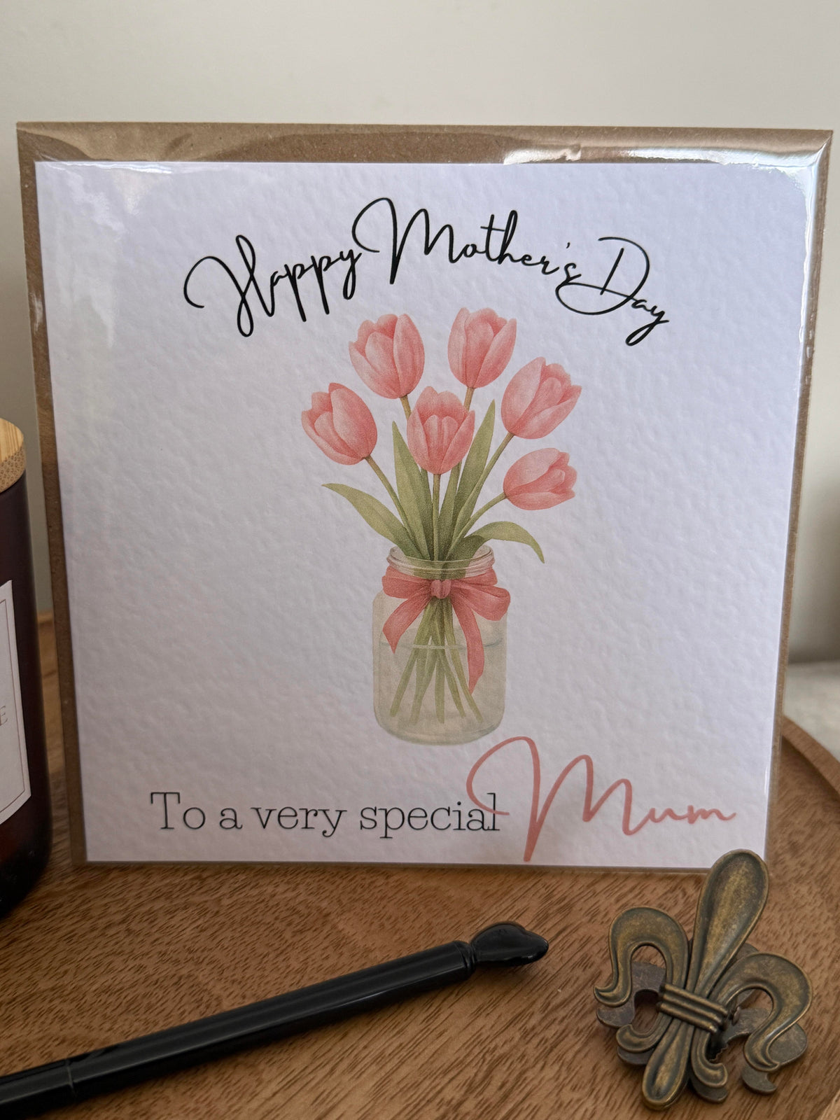 Luxury mothers day card featuring pink tulips design