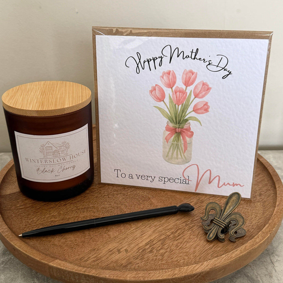Luxury mothers day card featuring pink tulips design
